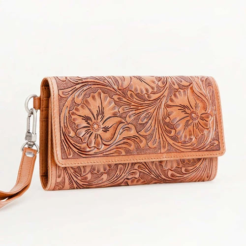 Myra Loyal West Drover Handtooled Leather and Calfskin Wallet- Brown