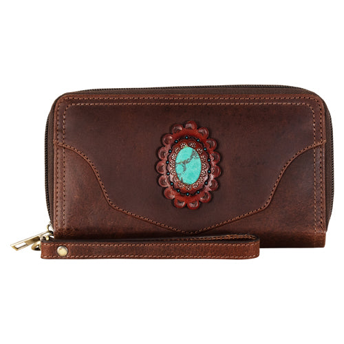 Justin Ladies Hair on &amp; Turquoise Coloured Stone Leather Large Wallet - Brown