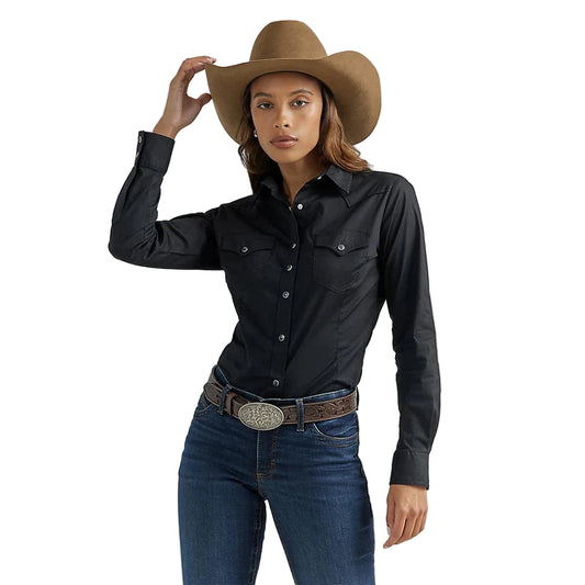 Wrangler Women's Long Sleeve One Point Front & Back Yokes Solid Shirt - Black