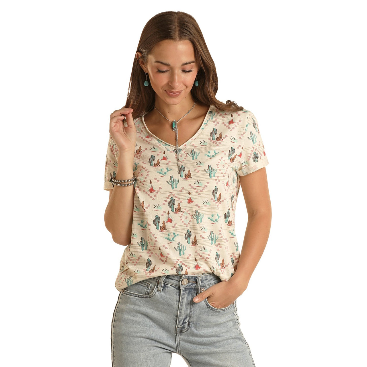 White Label Women's All Over Print Roll Sleeve Tee - Cream