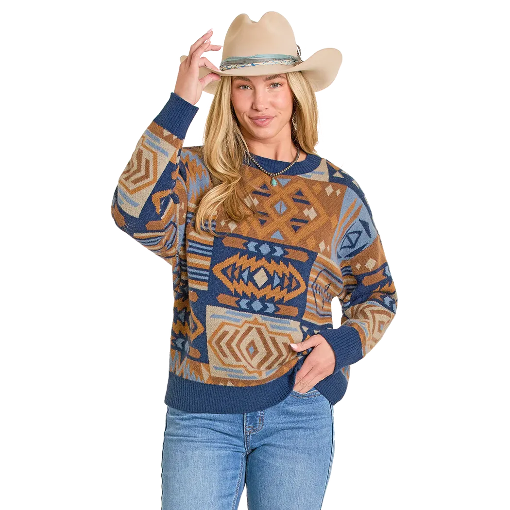 Panhandle Women's Oversized Patchwork Aztec Sweater -Blue - Irvine Tack & Western Wear