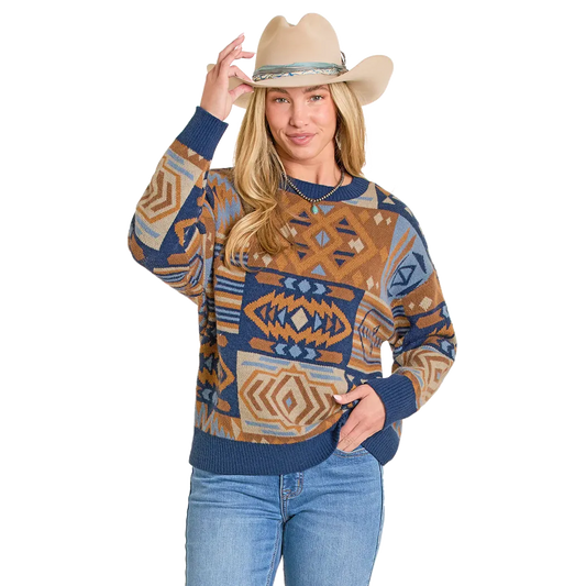Panhandle Women's Oversized Patchwork Aztec Sweater -Blue - Irvine Tack & Western Wear