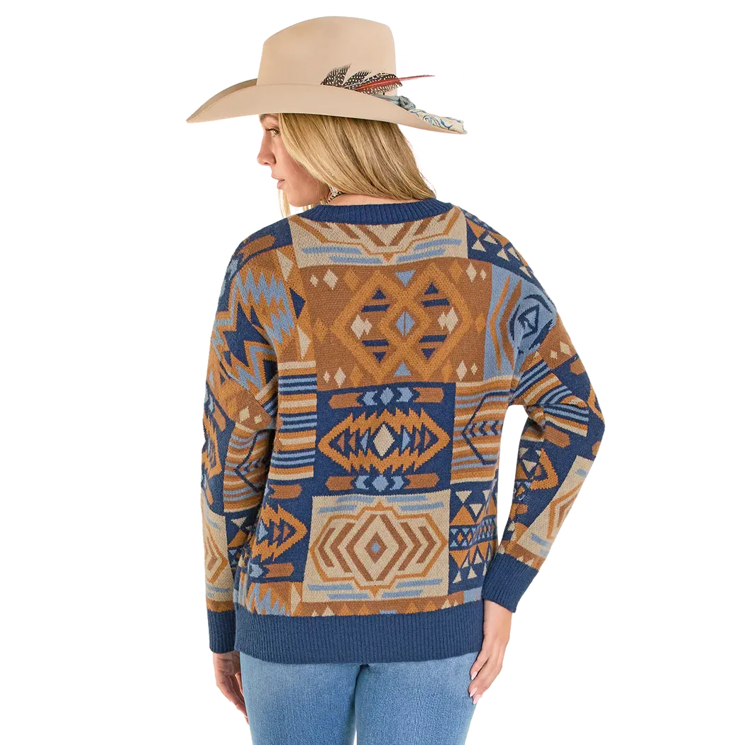 Panhandle Women's Oversized Patchwork Aztec Sweater -Blue - Irvine Tack & Western Wear