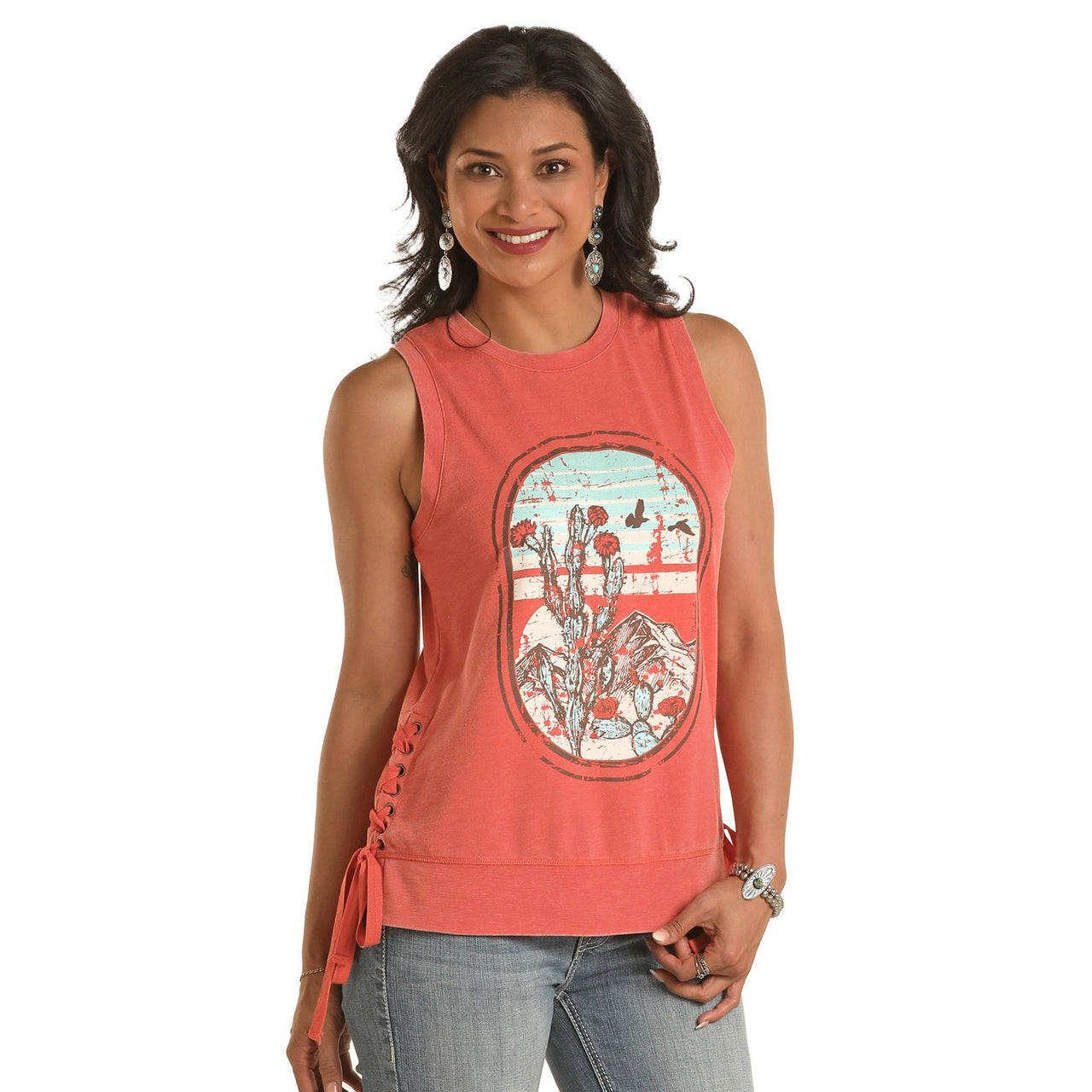 White Label Women's Graphic Lace Up Side Seam Tank - Coral