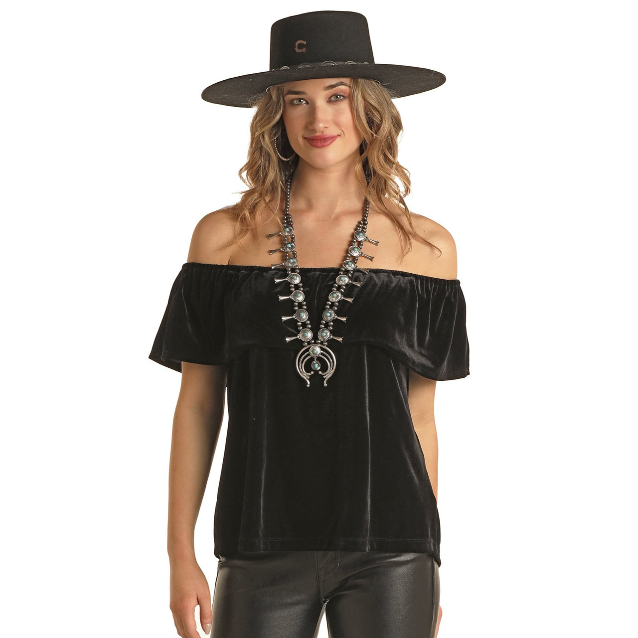 Rock & Roll Women's Velvet OTS Top - Black