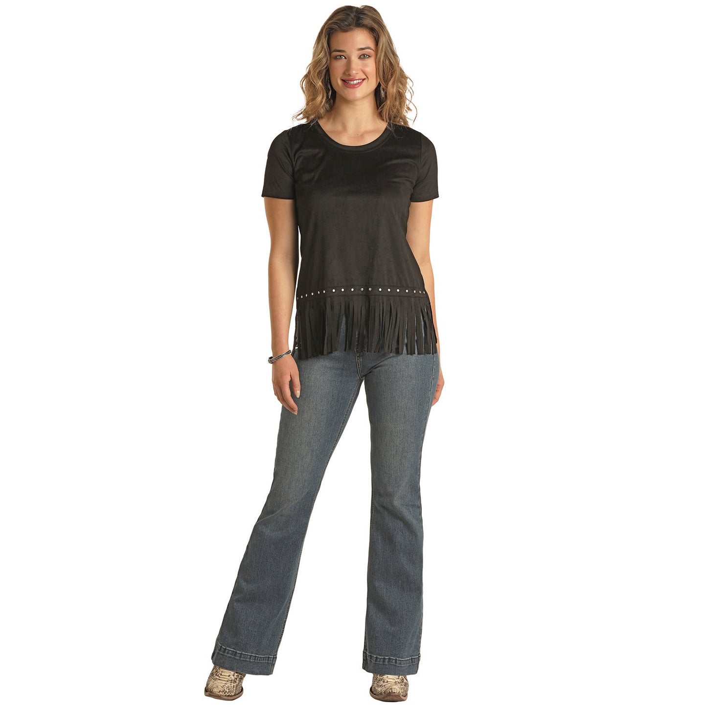 Panhandle White Label Women's Short Sleeve Fringe Studded Top - Black