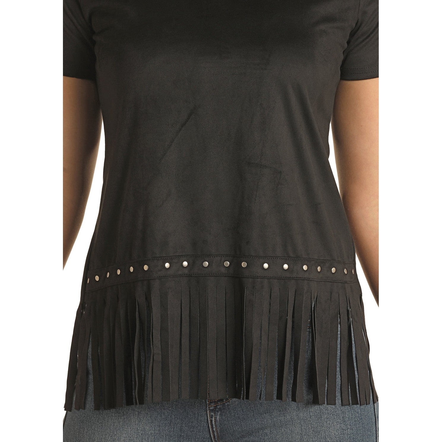 White Label Women's Short Sleeve Fringe Studded Top - Black