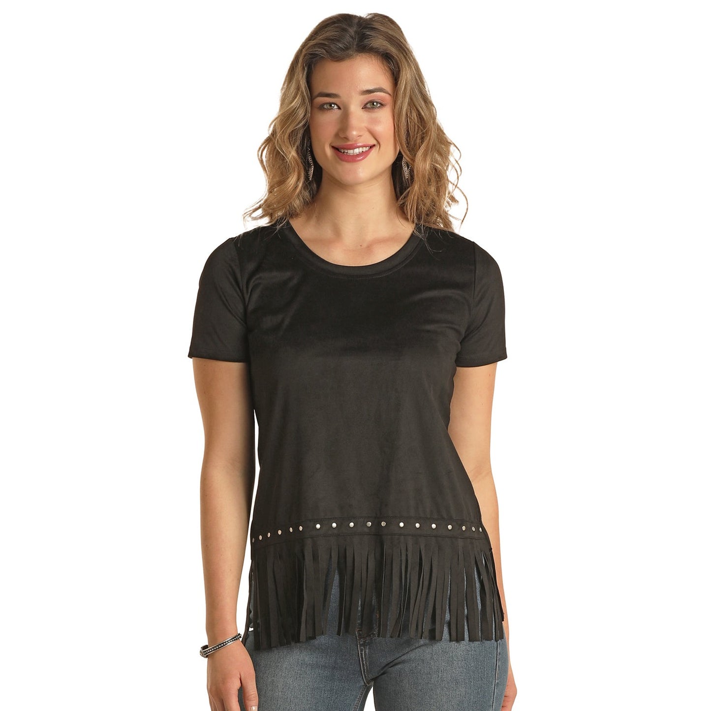 Panhandle White Label Women's Short Sleeve Fringe Studded Top - Black