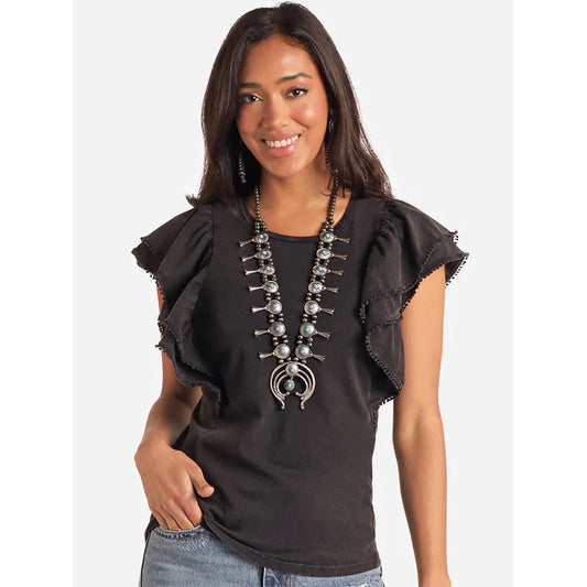 Panhandle Women's Short Sleeve Flutter Tee Shirt with Stud Trim - Multiple Colours