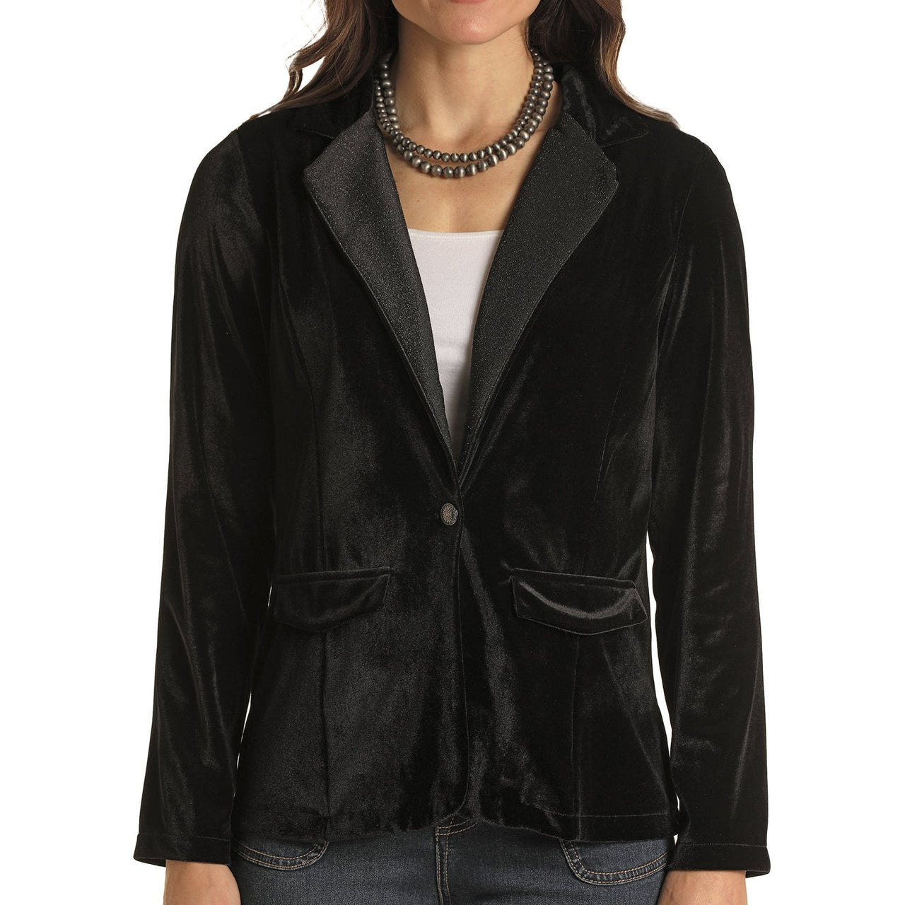 White Label Women's Velvet Blazer w/Lurex Lapels - Black