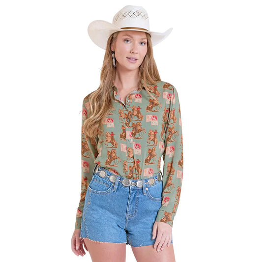 Panhandle Women's Vintage Stamp Print Long Sleeve Shirt/Blouse - Jade