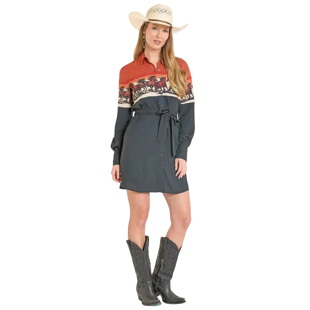 Panhandle Women's Wild Horses Border Shirt Dress - Black