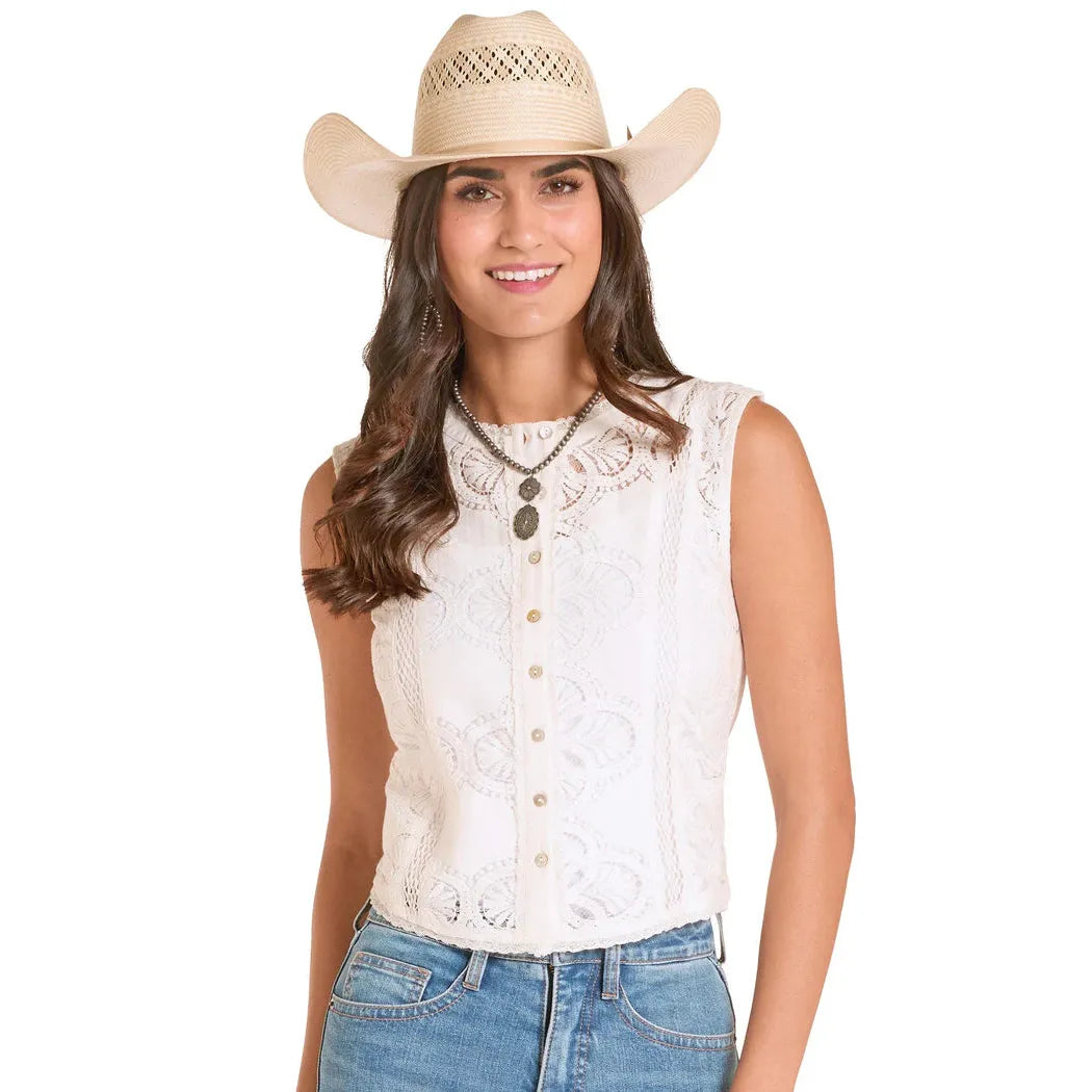 Panhandle Slim Women's Lace Insert Sleeveless Shirt - White