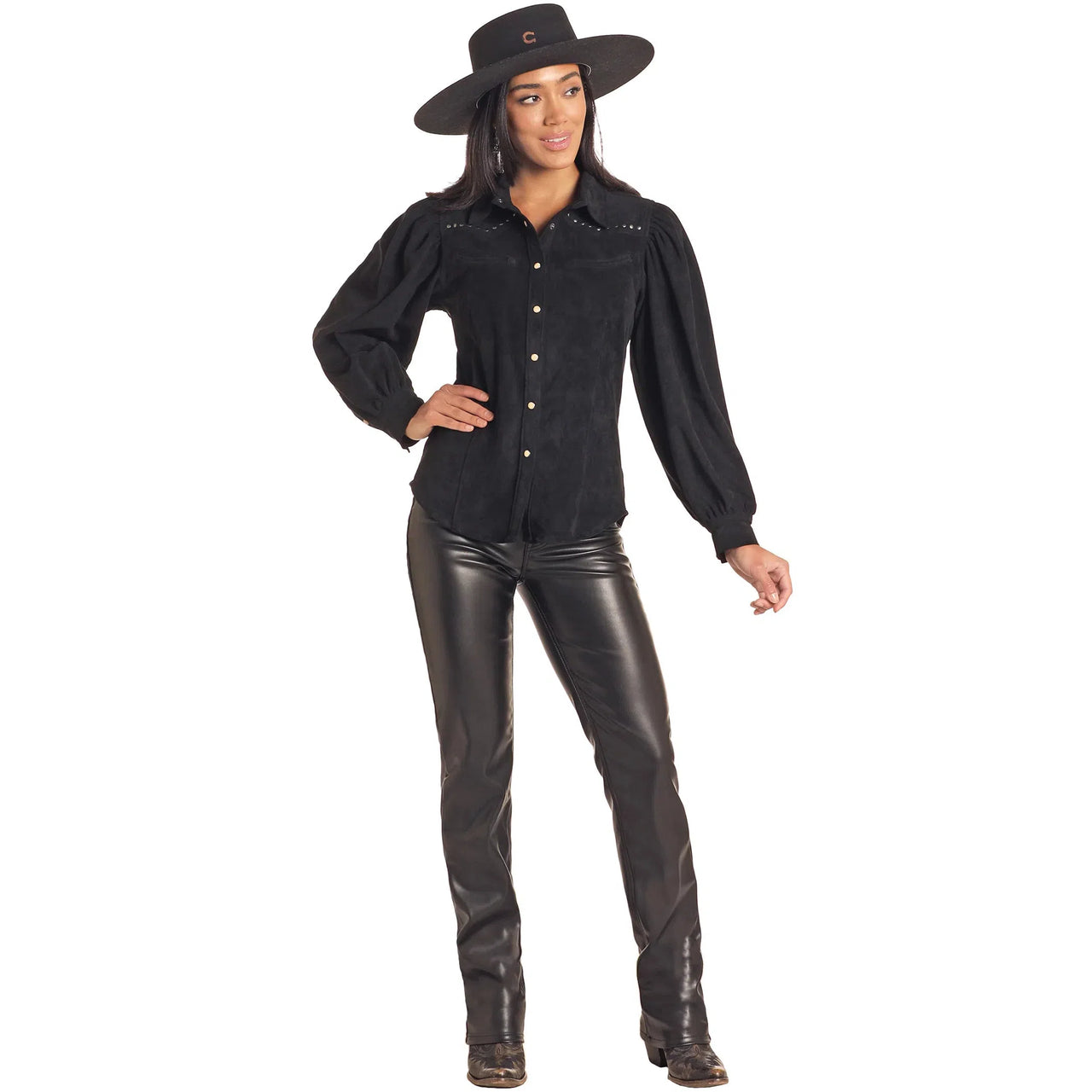 Rock & Roll  Women's Long Sleeve Microsuede Snap Shirt - Black