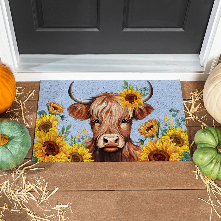 Evergreen Harvest Blossom Highland Cow and Sunflower PVC Mat - 28 x 16