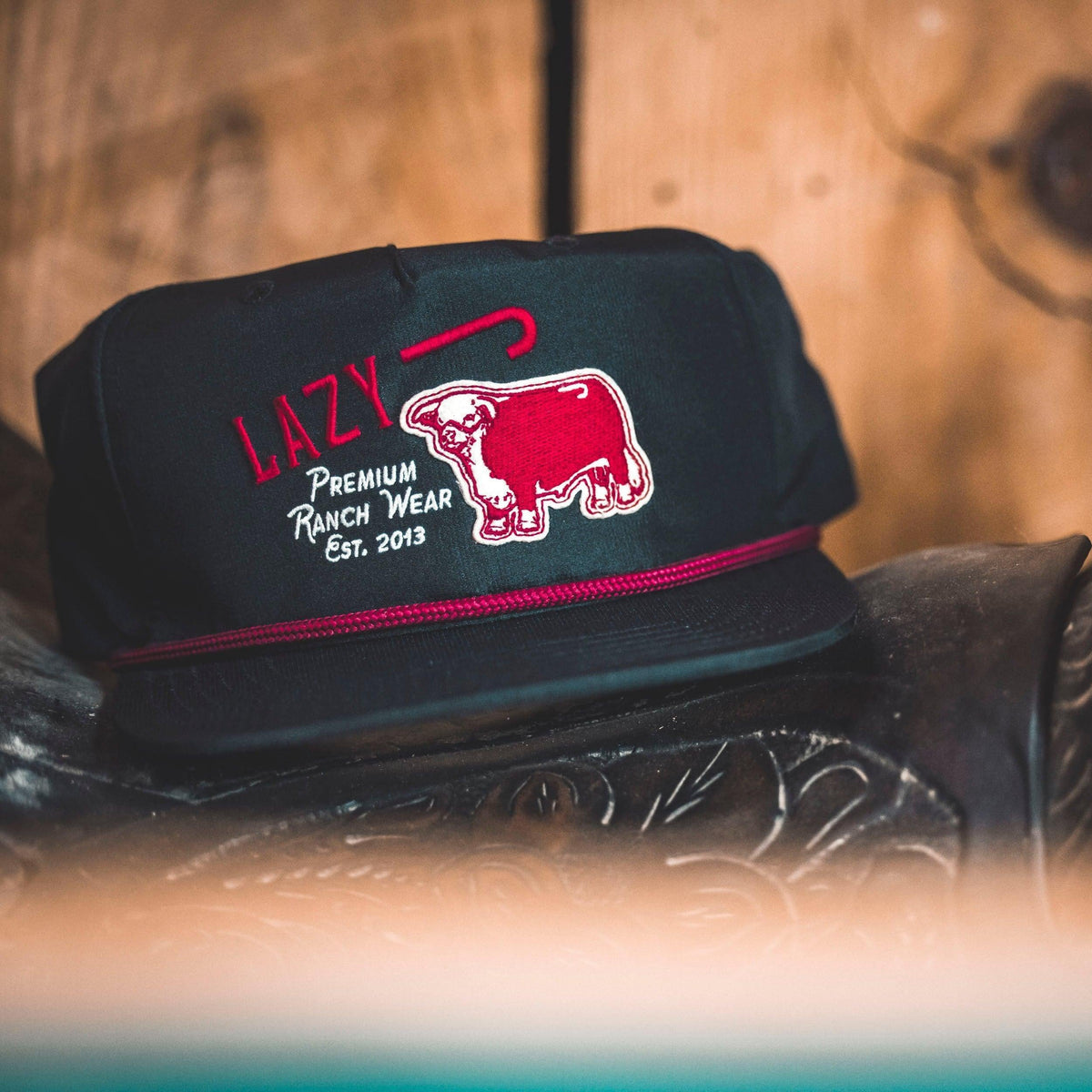 Lazy J Ranch Black Red Premium Ranch Rope Trucker Hat