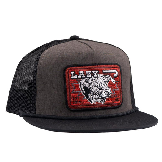 Lazy J Ranch Cowpoke Classic Five Panel Trucker Hat- Charcoal Grey/Black/Red