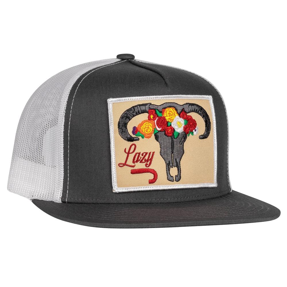 Lazy J Ranch Skull & Flowers Five Panel Trucker Hat- Grey/White