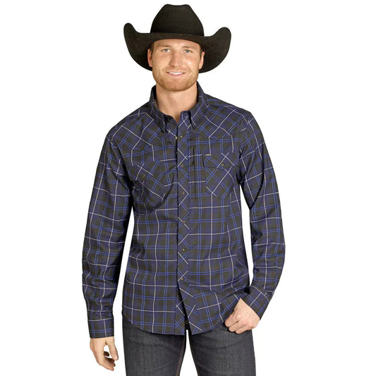 Rock & Roll Men's Tek Western Brushed Plaid Flannel Long Sleeve Shirt - Navy