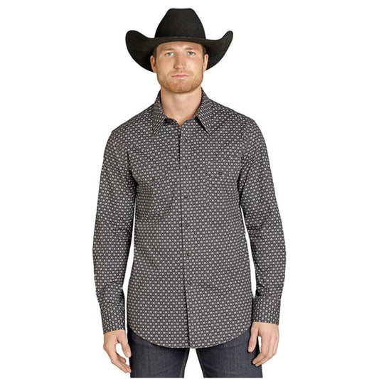 Rock & Roll Men's Wallpaper Aztec Geo Printed Long Sleeve Snap Shirt - Black