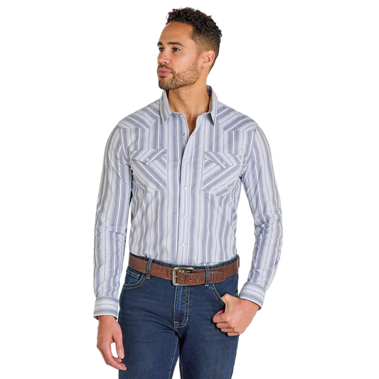 Panhandle Men's Striped Long Sleeve 2 Pocket Snap Shirt - Blue