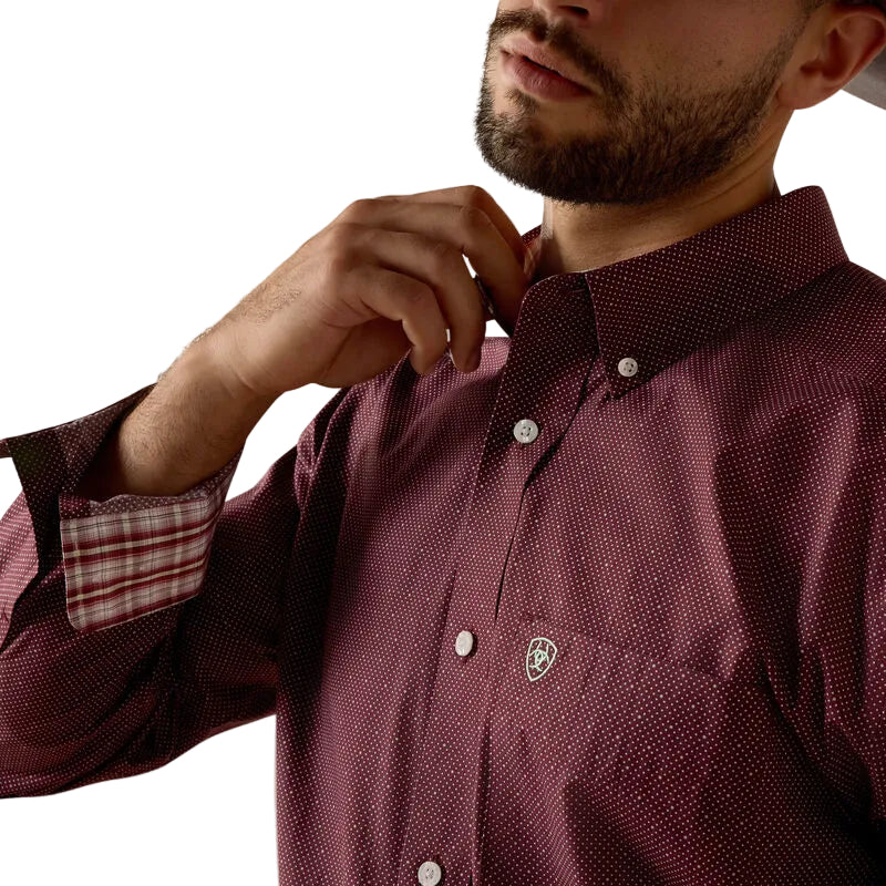 Ariat Men's Wrinkle Free Wrenly Classic Fit Long Sleeve Dot Print Shirt - Red Mahogany