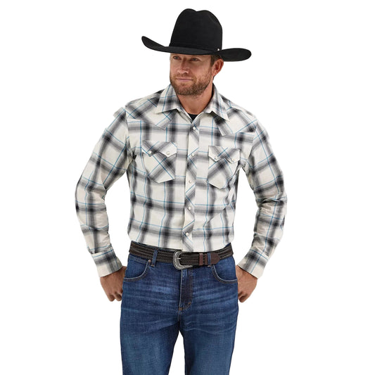 Wrangler Men's Retro Western Sawtooth Snap Pocket Long Sleeve Shirt - Cream Contrast
