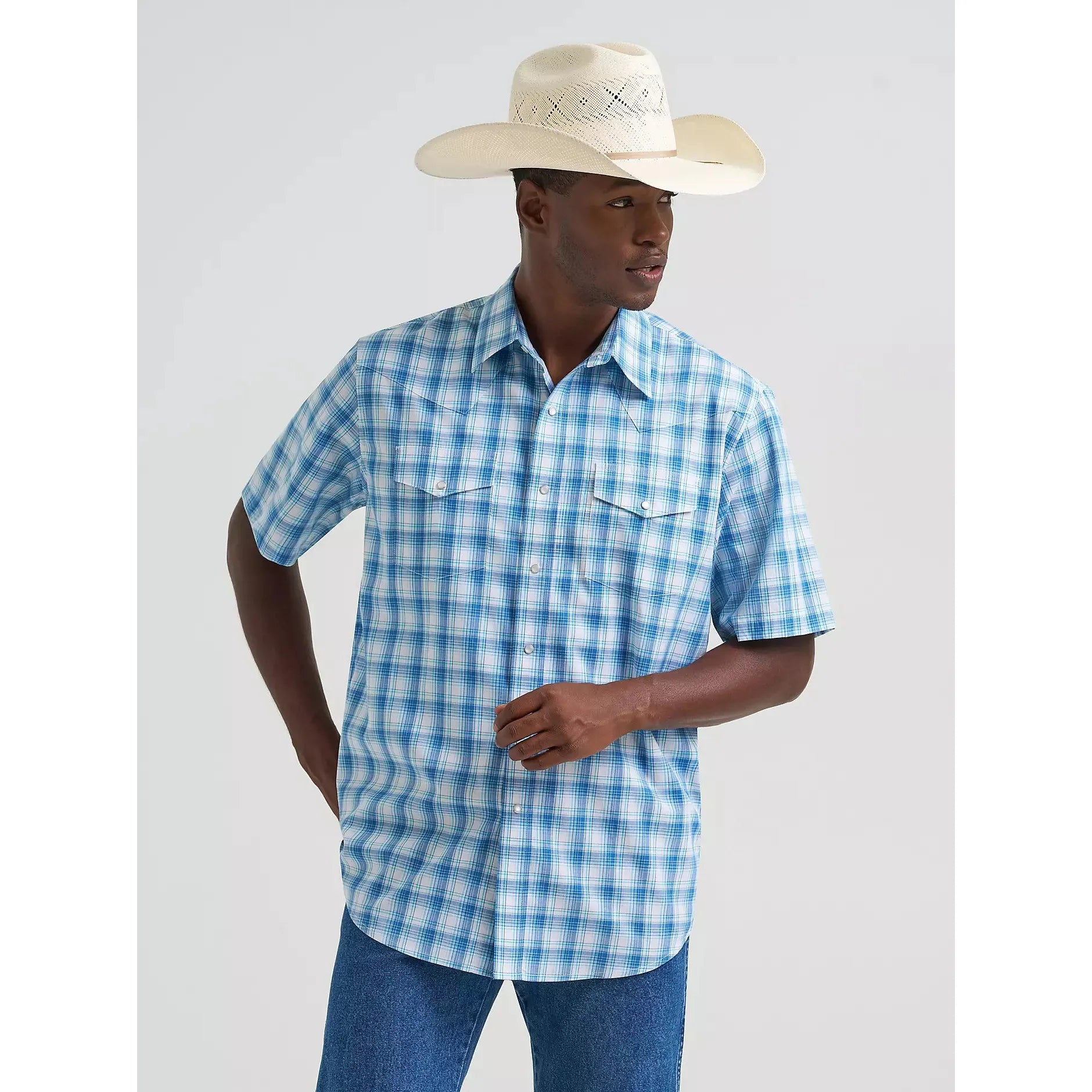 Wrangler Men's Wrinkle Resist Short Sleeve Western Snap Plaid Shirt - Seaside Blue - Irvine Tack & Western Wear