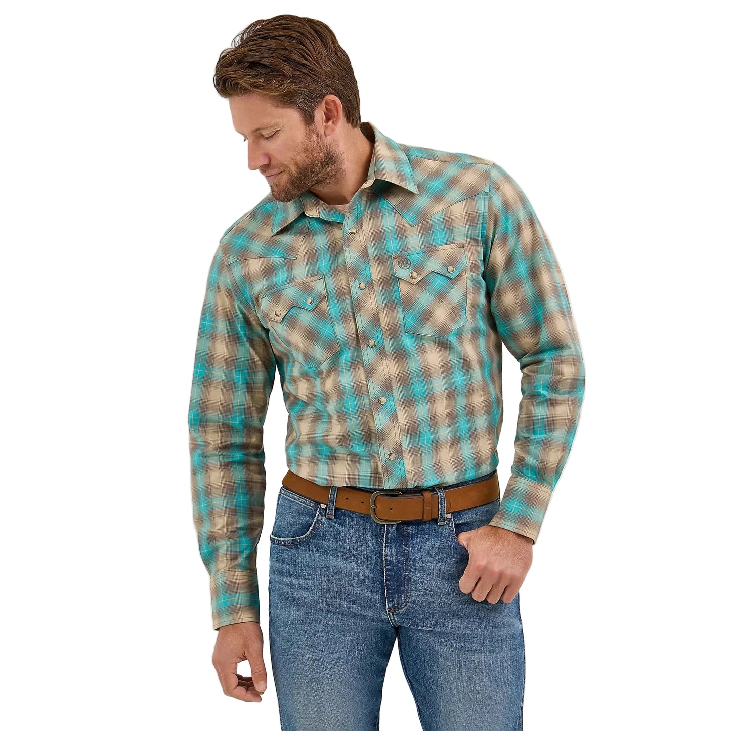 Wrangler Men's Retro Western Sawtooth Snap Pocket Long Sleeve Shirt - Tan/Aqua