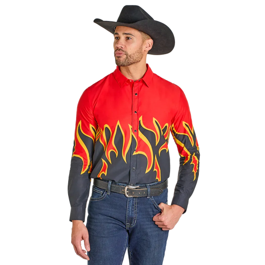 Rock & Roll Men's Modern Vintage Flame Long Sleeve Snap Shirt - Red