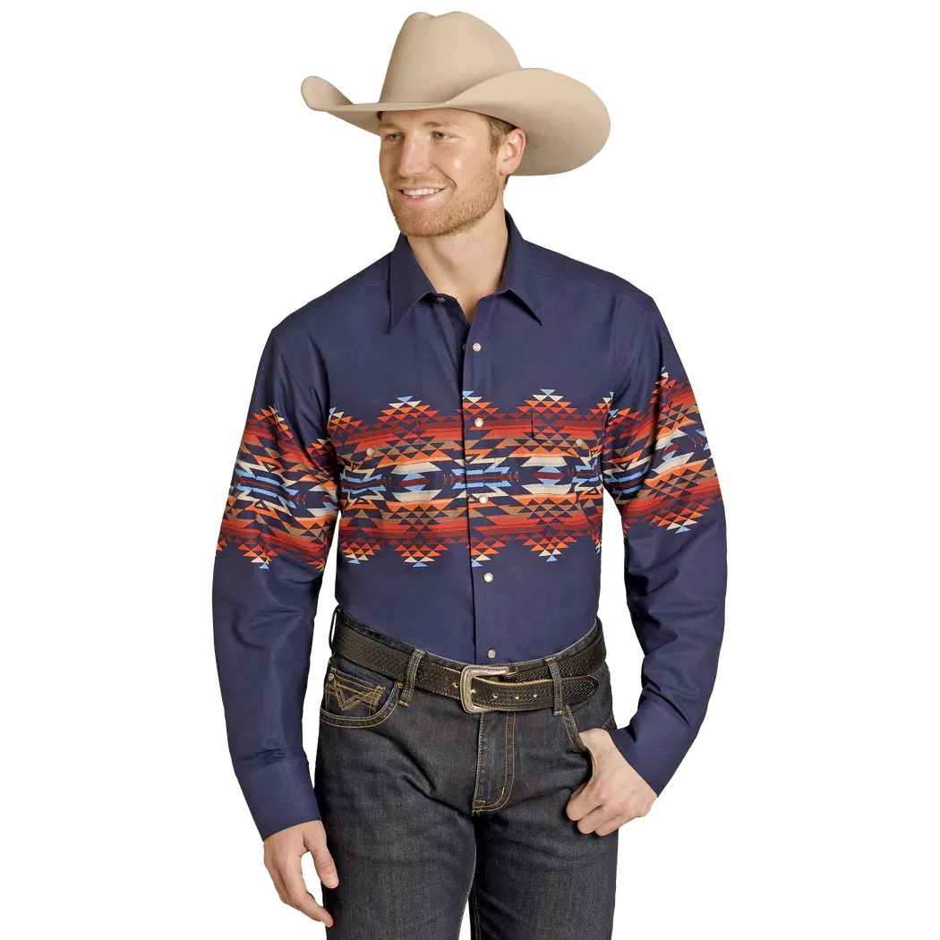 Panhandle Men's Long Sleeve Aztec Border Print Snap Shirt - Blue