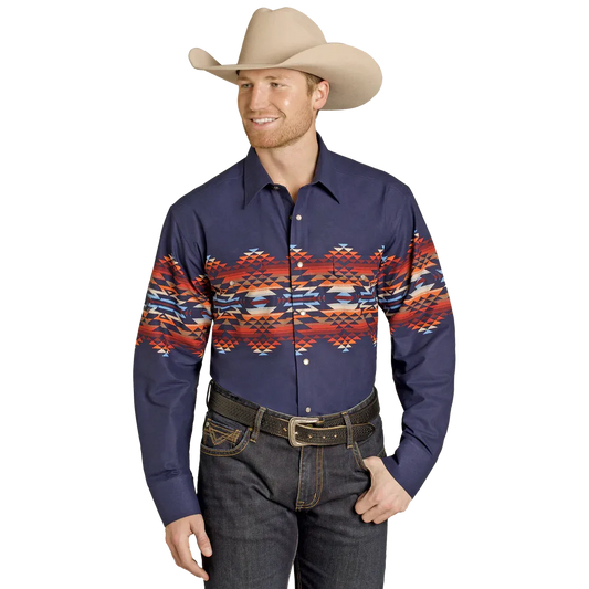 Panhandle Men's Long Sleeve Aztec Border Print Snap Shirt - Blue