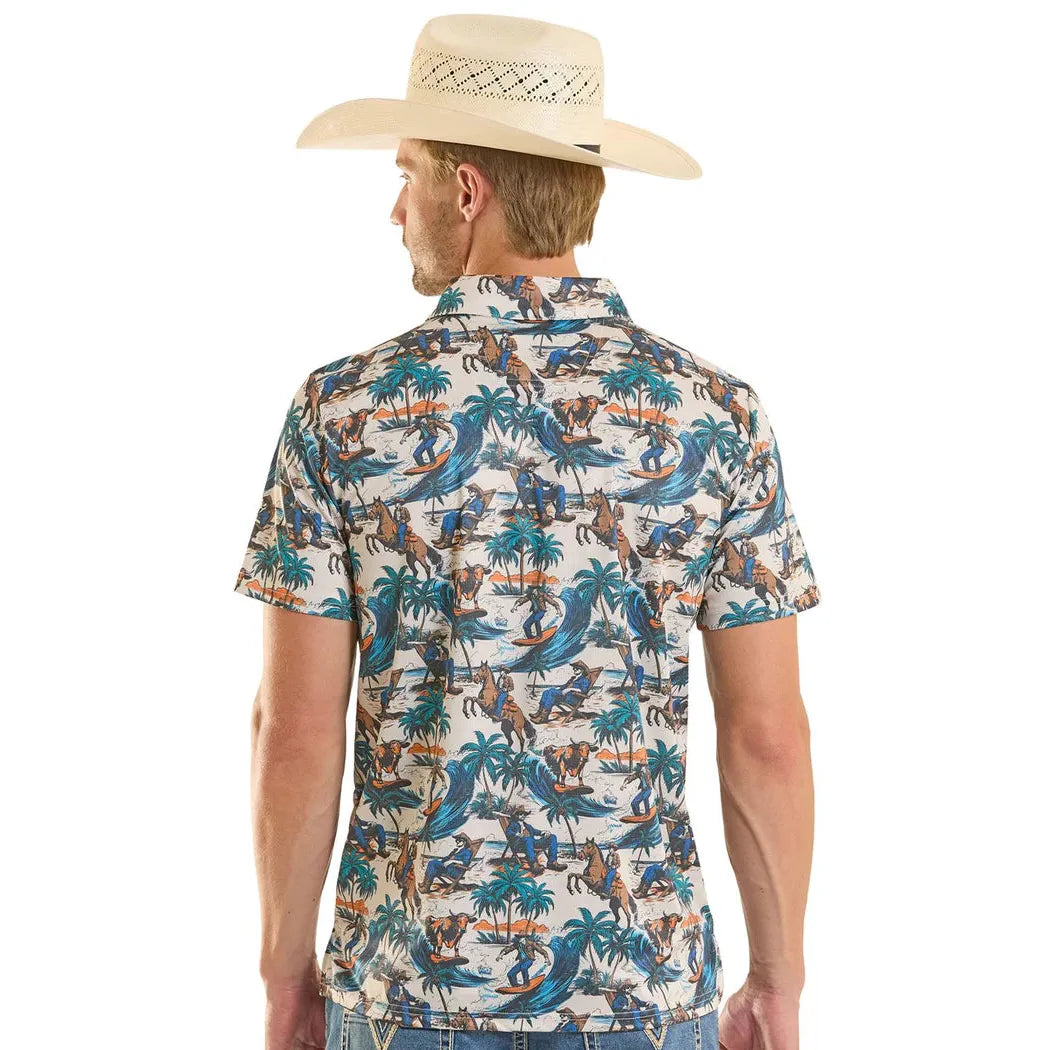 Rock & Roll Men's Surfing Cowboy Print Short Sleeve Polo Shirt - Multi Colour