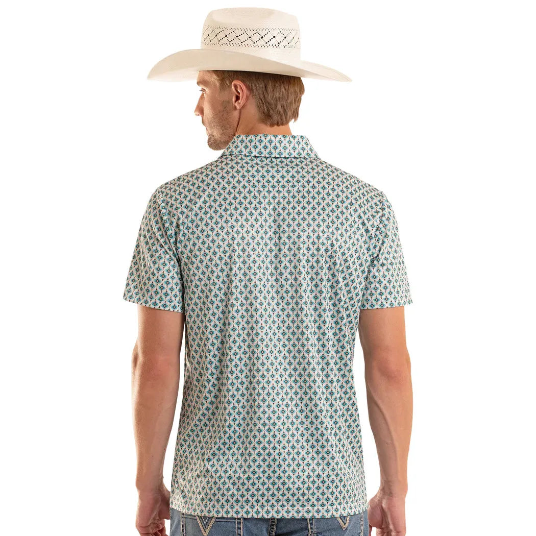 Rock & Roll Mens Mini Aztec Short Sleeve Geo Print Polo Shirt - Teal
