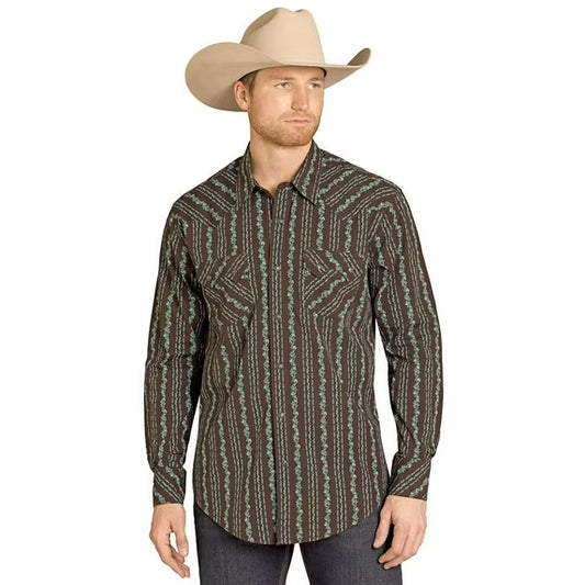 Rock & Roll Men's Wallpaper Printed Long Sleeve Snap Shirt - Brown/Sage/Teal
