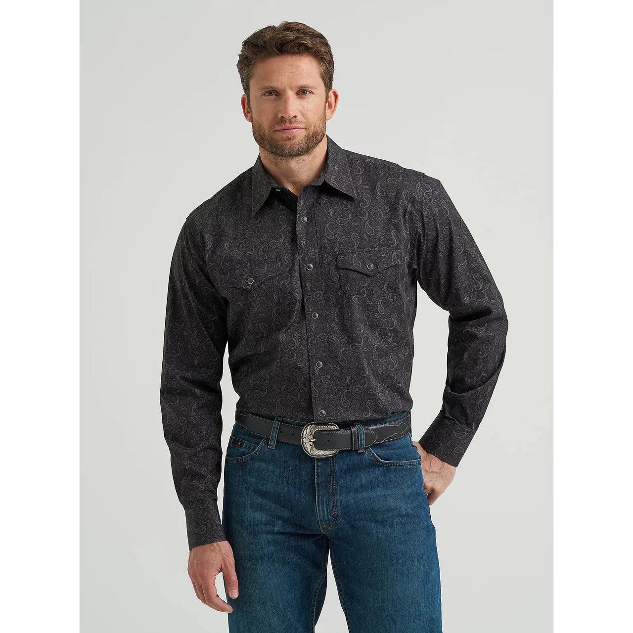 Wrangler Men's 20X Competition Advanced Comfort Long Sleeve Western Snap Print Shirt-Black Paisley