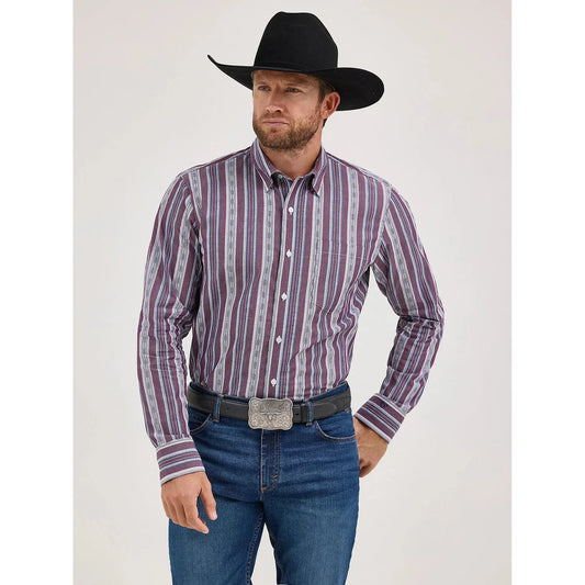 Wrangler Men's Cody Johnson One Pocket Button Down Long Sleeve Shirt - Mauve Stripes