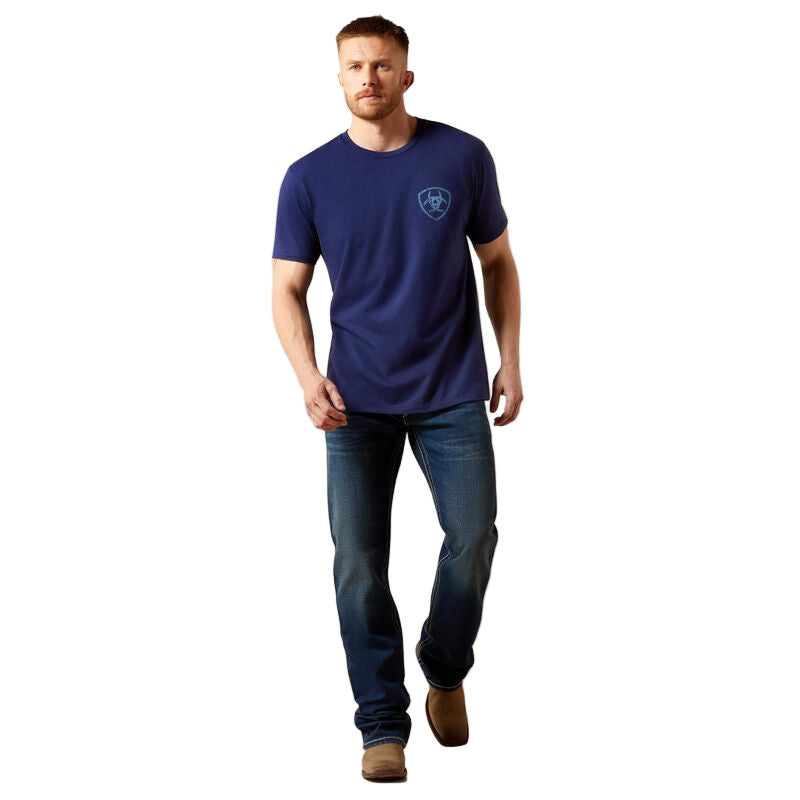 Ariat Men's New Vertical Logo Short Sleeve Tee Shirt - Medieval Blue