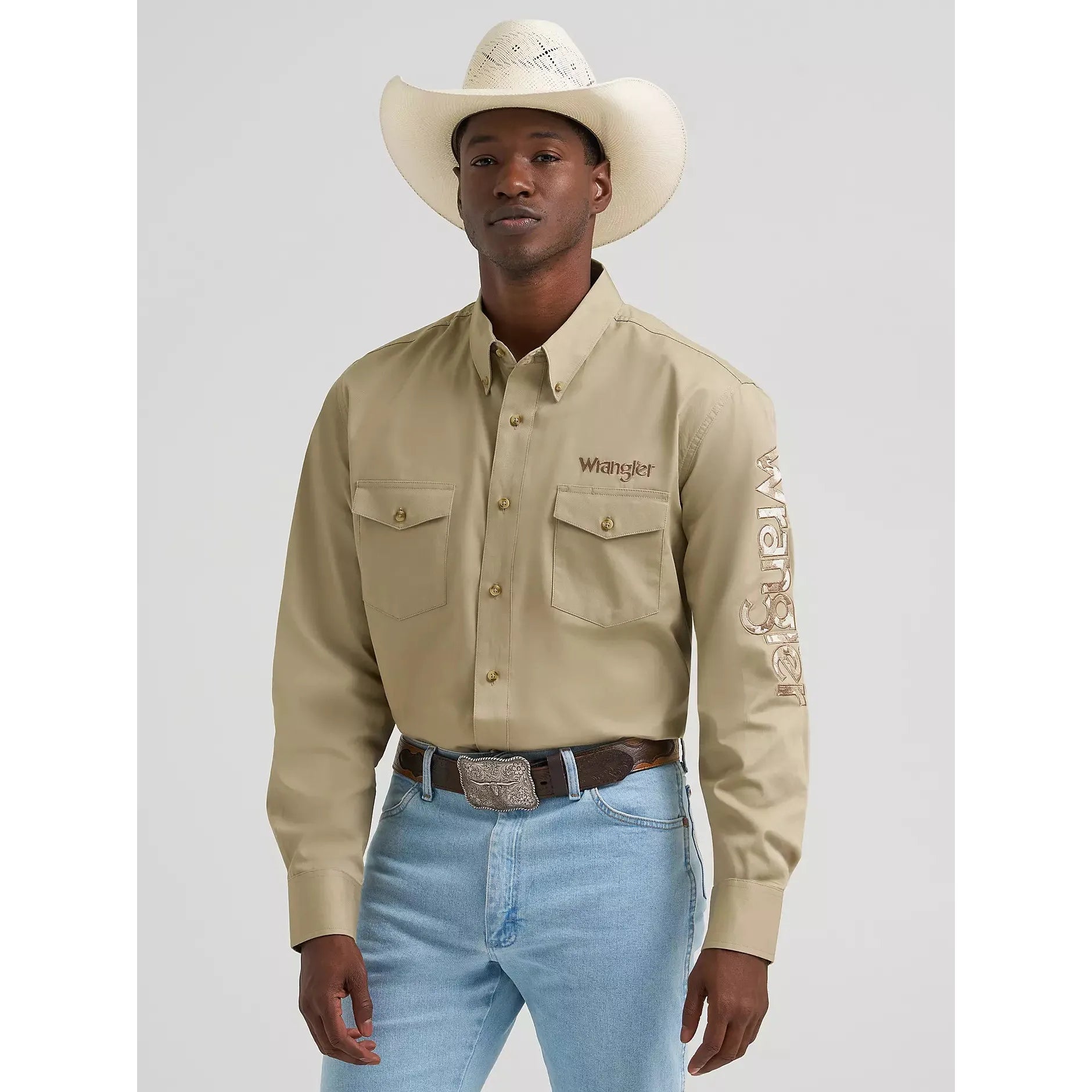 Wrangler Men's Logo Long Sleeve Button Down Solid Shirt - Khaki - Irvine Tack & Western Wear
