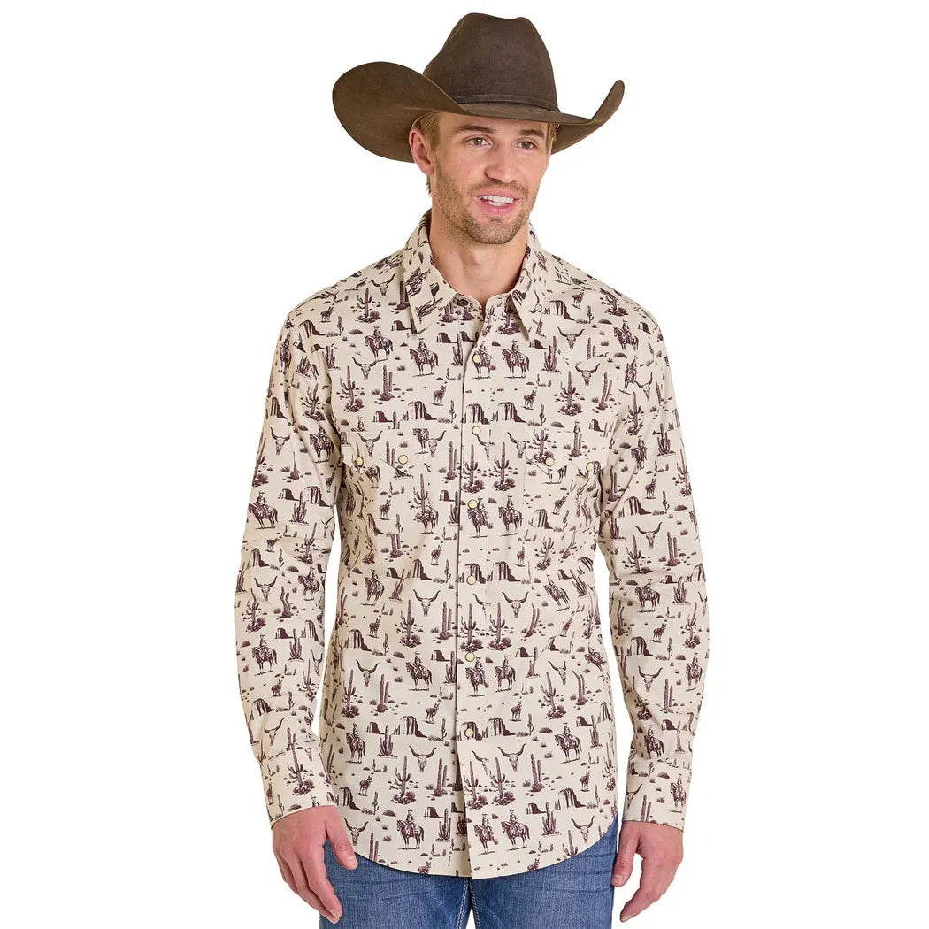 Rock & Roll Men's Wild Wild West Novelty Printed Long Sleeve Snap Shirt - Burgundy