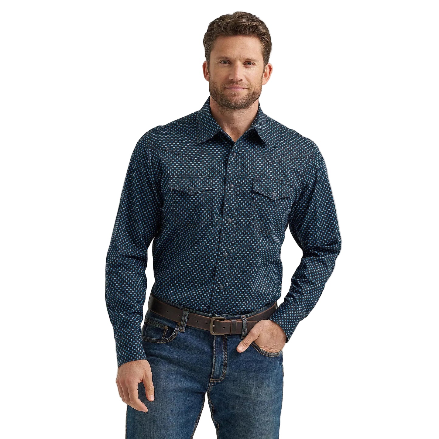 Wrangler Men's Retro Premium Western Printed Long Sleeve Snap Shirt - Midnight Navy