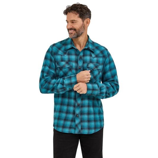 Wrangler Men's Retro Long Sleeve Western Snap Plaid Flannel Shirt - Turquoise Buffalo