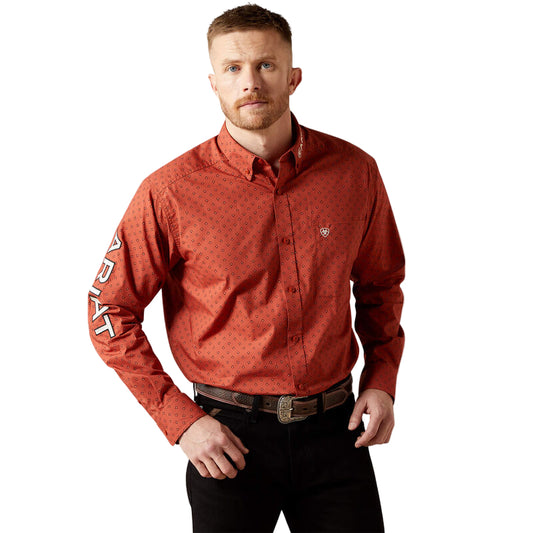 Ariat Men's Team Porter Classic Fit Long Sleeve Shirt - Brick Red/Beige