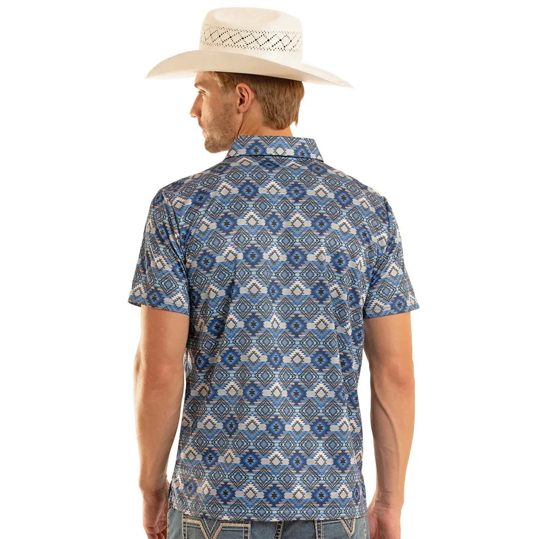 Rock & Roll Mens Aztec Printed Short Sleeve Polo Shirt - Blue