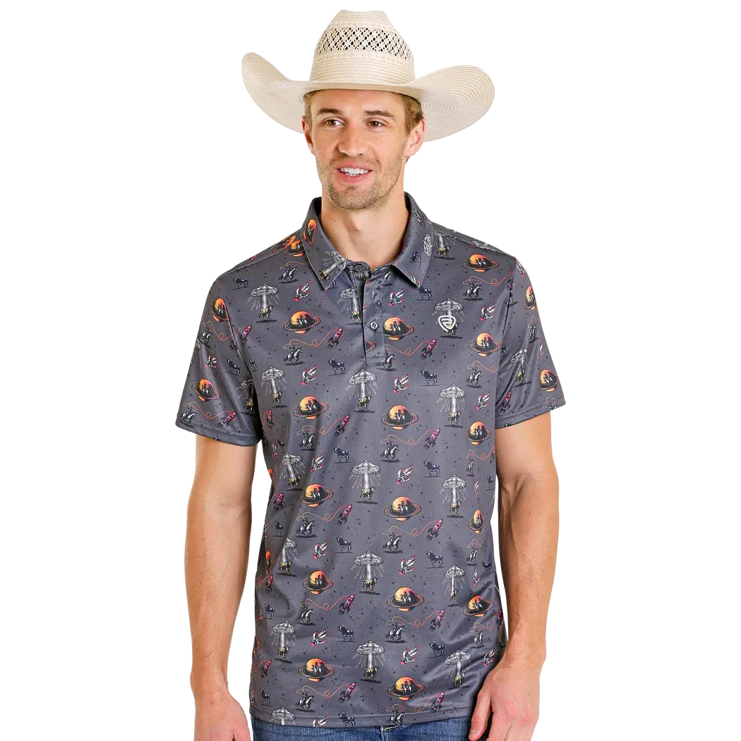 Rock & Roll Men's Space Cowboy Printed Polo Short Sleeve Shirt - Charcoal