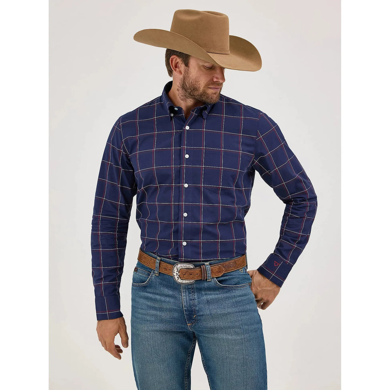 Wrangler Men's Cody Johnson One Pocket Button Down Long Sleeve Shirt - Navy Plaid