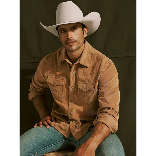 Wrangler Men's Long Sleeve Retro Premium Western Snap Corduroy Shirt - Sandy Brown