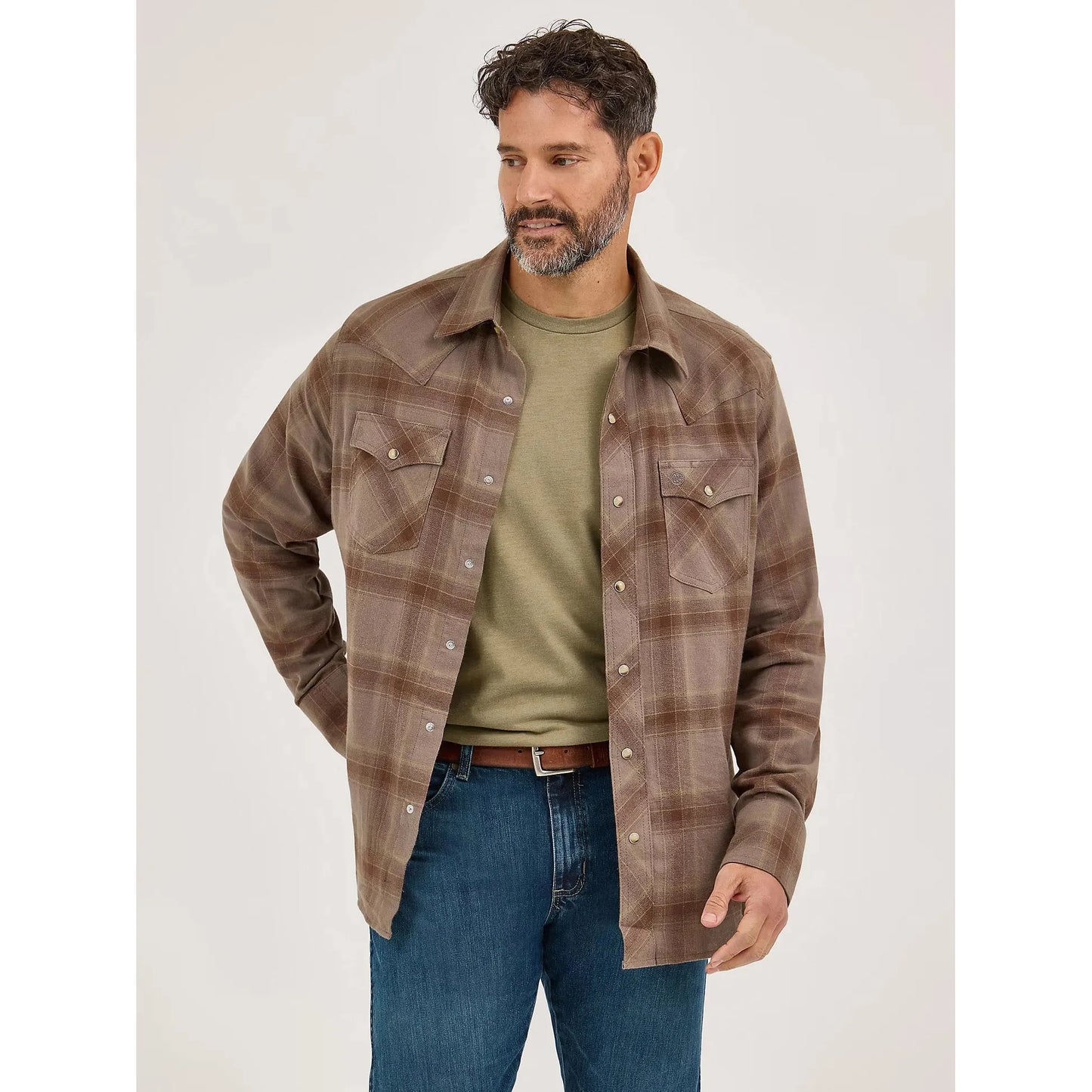 Wrangler Men's Retro Western Plaid Flannel Long Sleeve Snap Shirt - Clay Brown