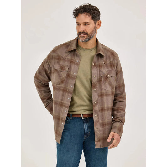 Wrangler Men's Retro Western Plaid Flannel Long Sleeve Snap Shirt - Clay Brown