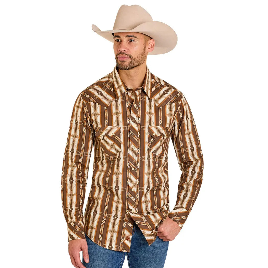 Rock & Roll Men's Dusty Heritage Aztec Printed Long Sleeve Snap Shirt - Dark Brown